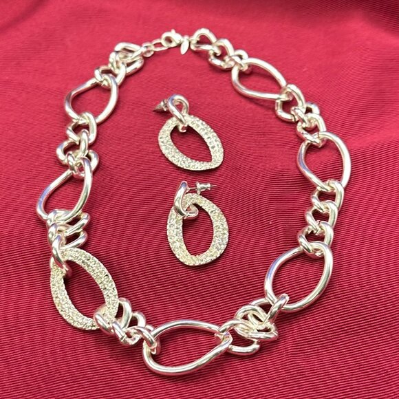 SAQ Set: Silver-Tone Chain Link w/ Crystal Choker Necklace & Post Dangle Earring - Picture 3 of 13